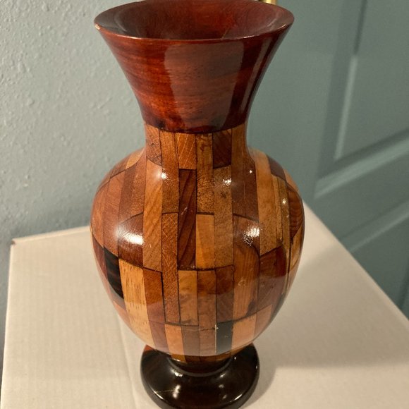 VTG Hand Turned Studio Marquetry Wooden Vase-7.25" H-Multicolored Patterns-VGUC - Picture 10 of 10